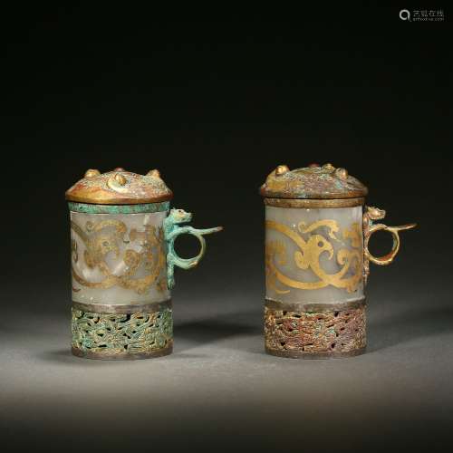Pair Of Jade Inlaid Bronze Cups
