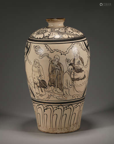 Porcelain zhou kiln Buddhist story plum vase China yuan Dyna...