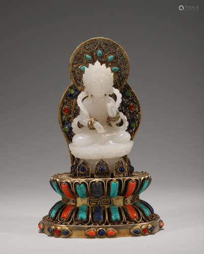 Chinese Hetian jade Buddha inlaid with gemstones