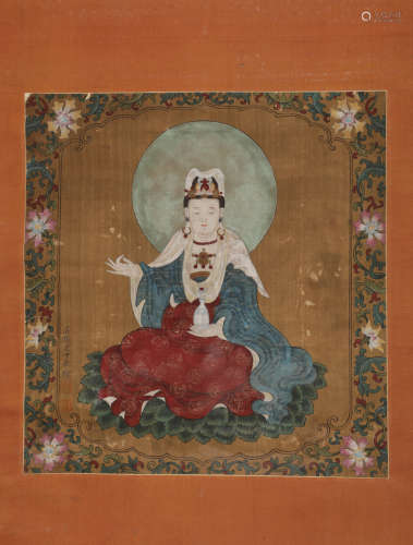Wu Bin pure bottle guanyin silk scroll painting of Ming Dyna...