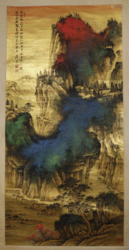 Chinese Zhang Daqian gold color splash-ink landscape paper v...
