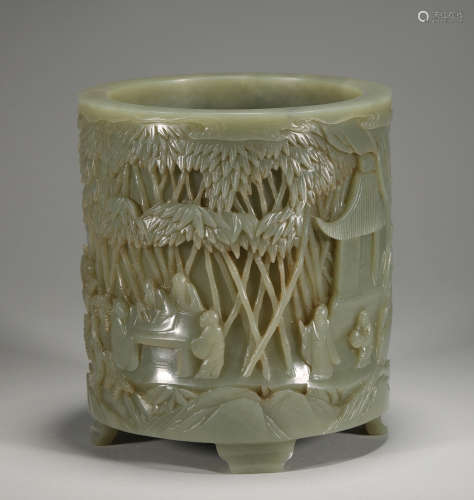 Chinese Qing Dynasty hetian Jade Bamboo forest seven sages p...