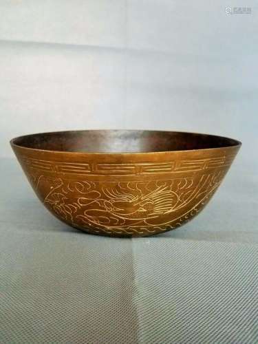 ANTIQUE CHINESE BRASS ENGRAVED BOWL WITH A DRAGON AND PHOENI...