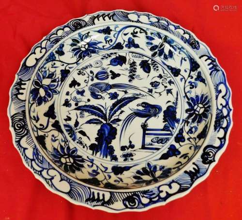 Antique Chinese Blue & White Charger w/ Floral and Bird ...