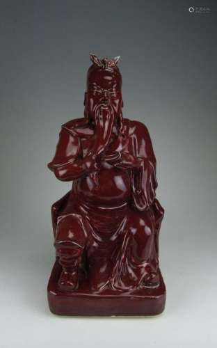 CHINA ANTIQUE RED GLAZED PORCELAIN GUANGONG GOD STATUE