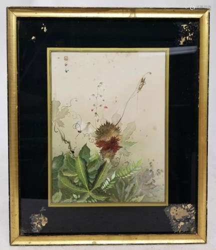 Antique Fine Japanese Gouache Watercolor Painting Cricket Gr...