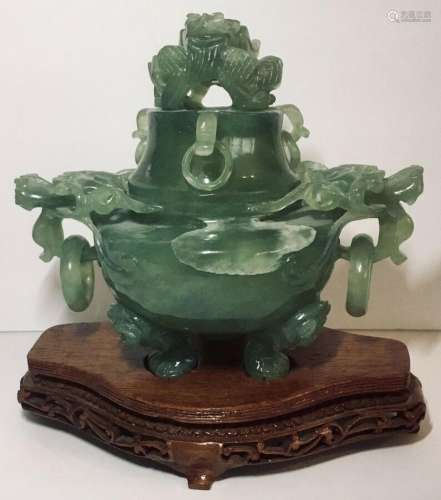 NEPHRITE CARVED DETAILED DRAGON SCULPTURE ON BASE. (1729).