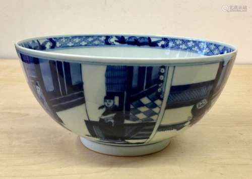 Blue and white bowl with mark.  Qing Period.