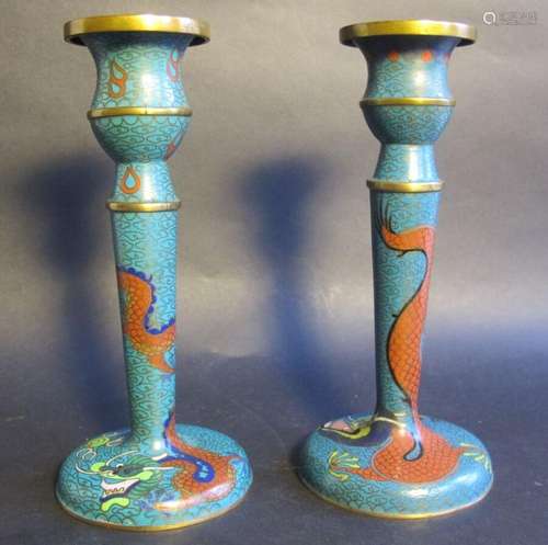 Fine Chinese QING DYNASTY Cloisonne Candle Holders w/ Dragon...