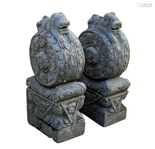 Pair of Small Hand Carved Crouching Lions Sculpture