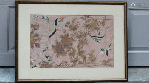 ANTIQUE 18c CHINESE LARGE GOLD STITCHES SILK BIRDS&BUTTE...