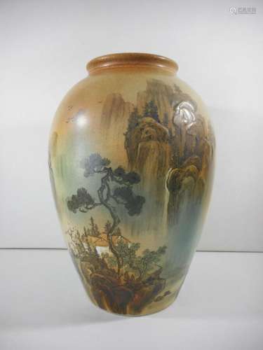 Japanese Nihonga Sansui Vase Ceramic Hand Painted Signed 14&...