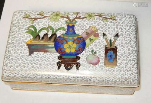 LARGE CHINESE CLOISONNE WHITE ENAMEL FLORAL BLOSSOMS HUMIDOR...