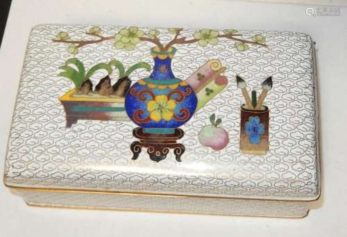 LARGE CHINESE CLOISONNE WHITE ENAMEL FLORAL BLOSSOMS HUMIDOR...