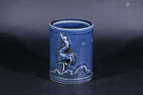 藍釉雕瓷仙鶴筆筒