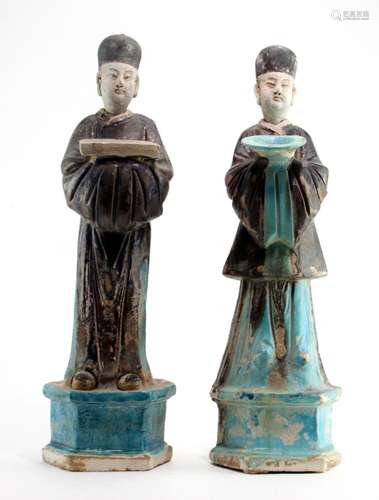 Pair of Chinese Floral-Glazed Pottery Figures