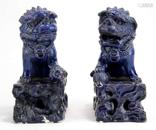 Pair of Chinese Blue Glazed Porcelain Foo-Lion