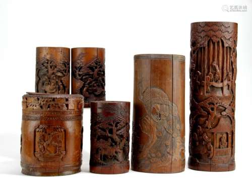 Six Chinese Carved Bamboo Brush Pots