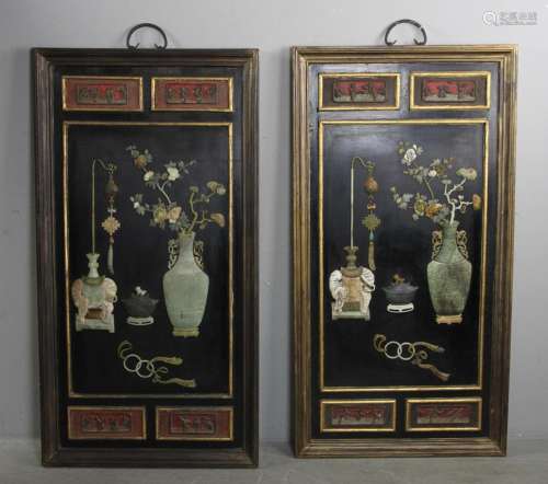 Pair of Chinese Jade and Hardstone Plaques