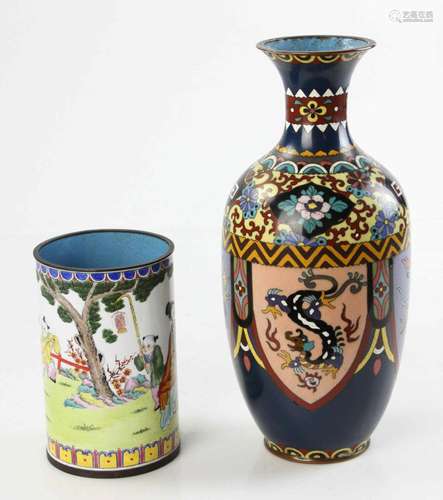 Asian Enamel on Copper Vase and Brush Pot