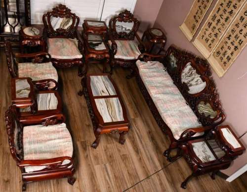 A Group of 11 Ps Hardwood Sofa Set w/ Cusion 20thC