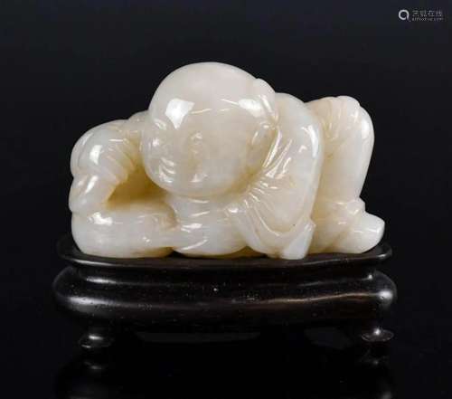 A Chinese Jade Carved Boy w/ Woodstand & Box Qing