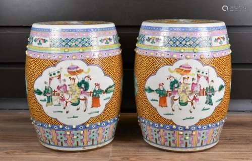 A Pair of Famille Rose Figures Porcelain Stools