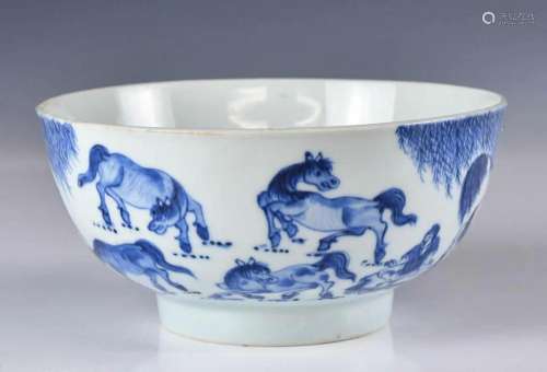 A Blue and White Five Horses Bowl Mid Qing