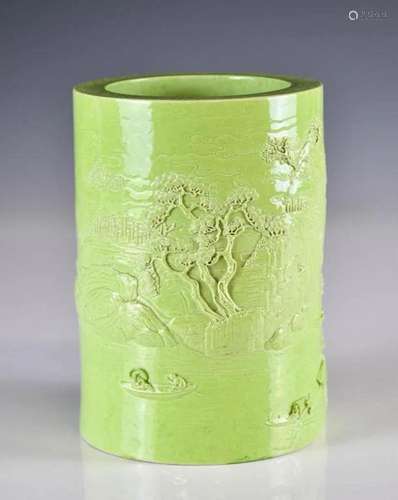 A Green Porcelain Carved Brush Pot 19th C