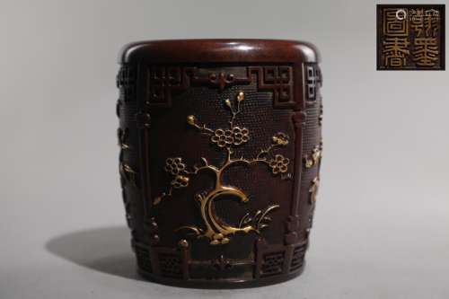 明 銅胎鎏金梅蘭竹菊紋筆筒
