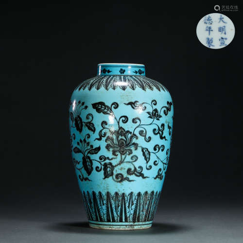 明代孔雀藍釉青花花卉罐