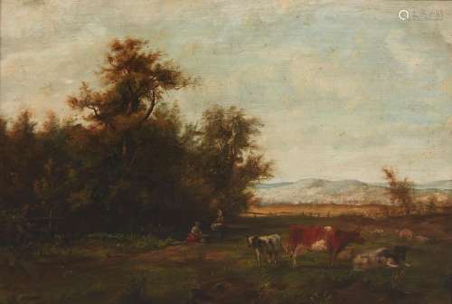 English School (19th century), Landscape with maidens, cows ...
