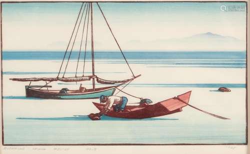 A Richard Irwin Kelsey color woodcut print of lobster fisher...