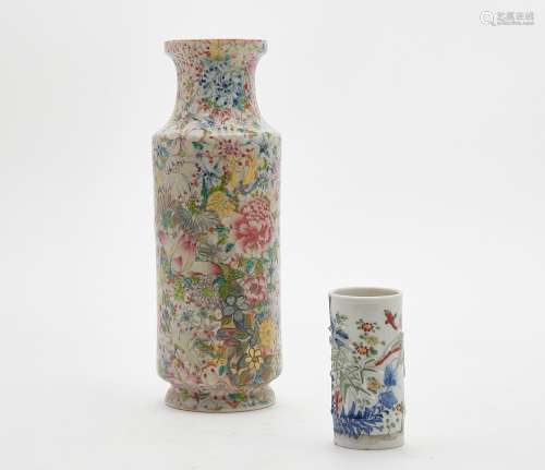 A Chinese porcelain mille fleurs sleeve vase and small cylin...