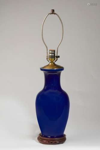 A Chinese blue glazed porcelain vase now as a table lamp