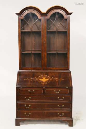 A George III style marquetry inlaid mahogany double domed se...