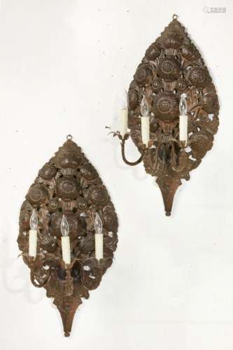 A pair of Continental repousse metal floral three branch wal...