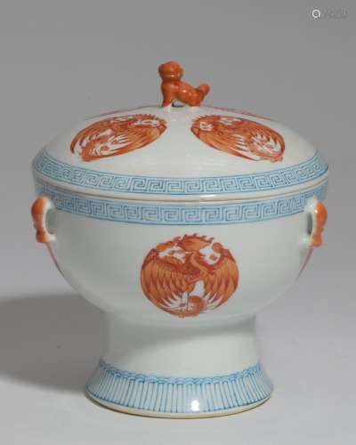 A Chinese blue, white and iron red glazed porcelain covered ...