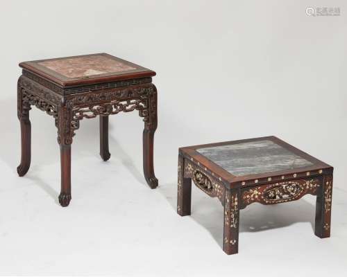 Two Chinese inlaid hardwood and marble low tables