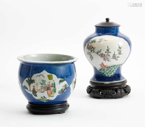Two Chinese Famille Rose blue ground porcelain wares