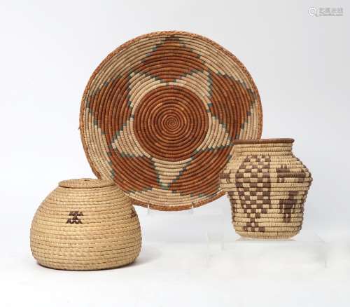 Three Native American woven basketry vessels