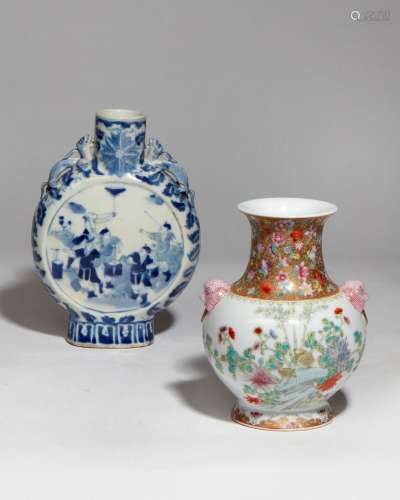 A Chinese blue and white porcelain moon flask and a Famille ...