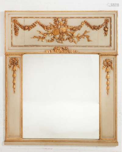 A Louis XVI style grey painted and parcel gilt trumeau mirro...