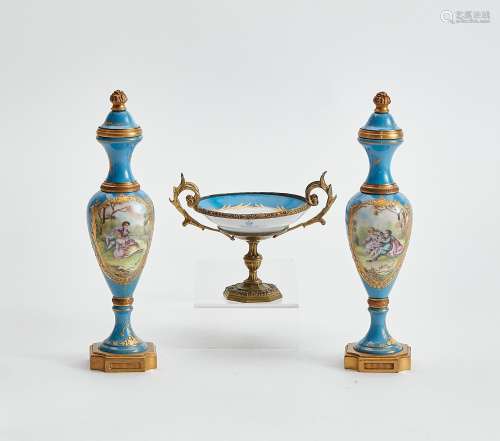 An assembled three piece Sevres style gilt bronze mounted po...