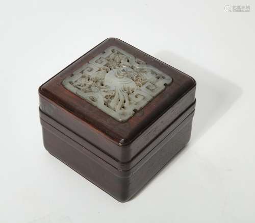 A Chinese hardstone mounted hardwood square box