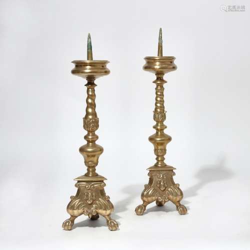 A pair of Italian Baroque style brass pricket sticks, 19th c...