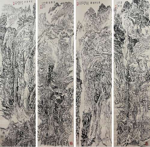 Four-screens of Landscape, Hanging Scroll, Zhang Ding