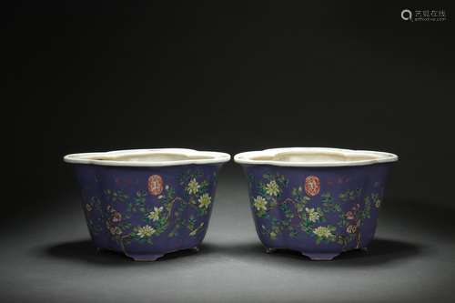 Pair Flowerpots with Floral Design on A Blue Ground, (Da Ya ...