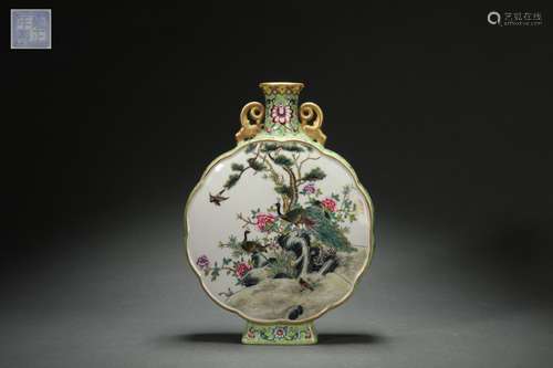 Famille Rose Moon Vase with Flower and Bird Patterns and Tur...