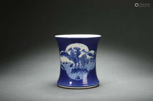 Cobalt Blue Glazed Brush Holder with Blue-and-white Landscap...